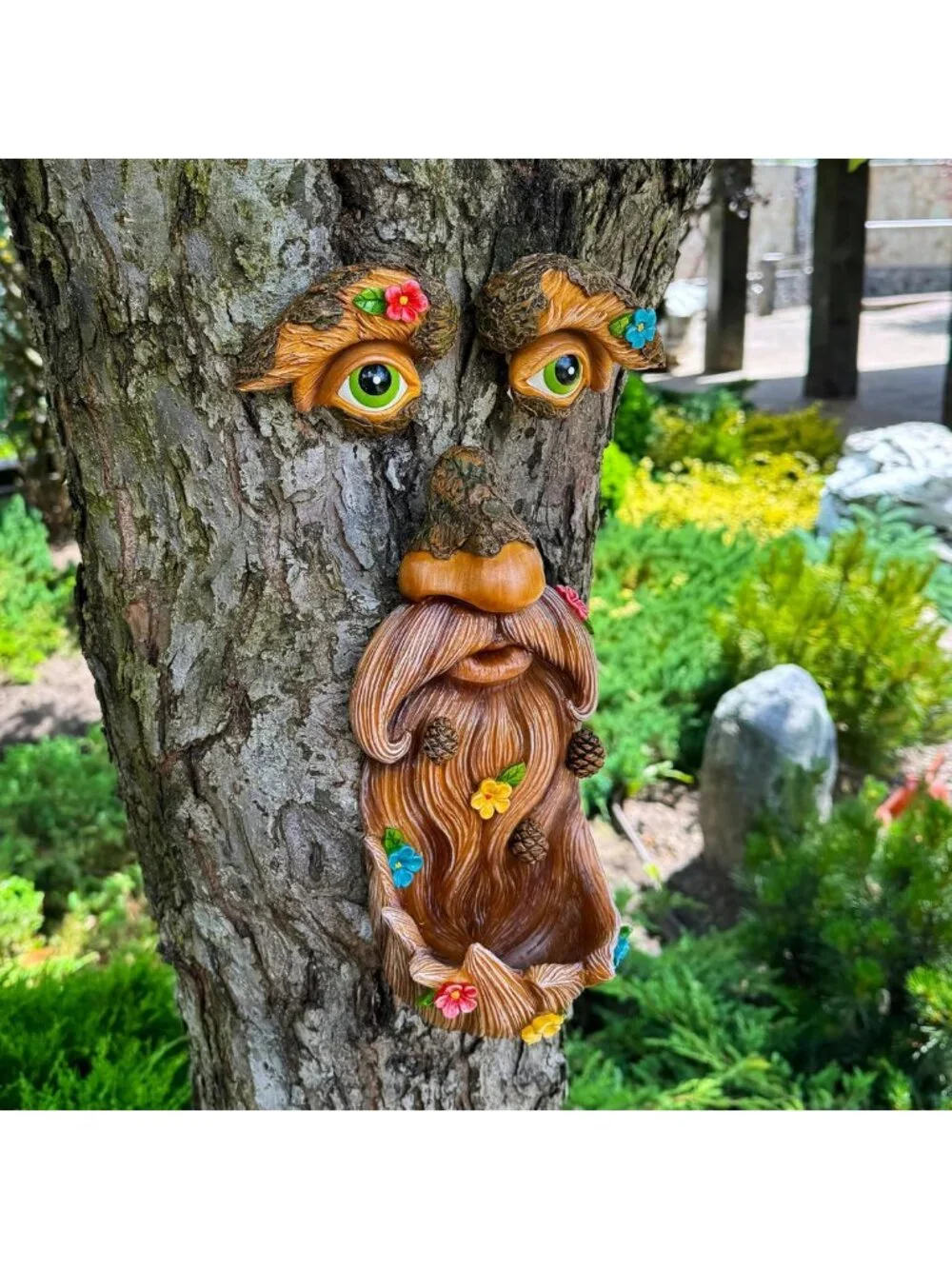 Whimsical Tree Face Decor with Flowers - Outdoor Garden Hugger Statue Art